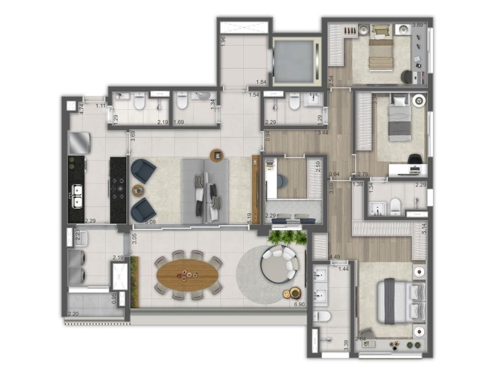 Planta cotada do Ateliê 365 Brooklin, 4 dormitórios, 2 suítes, 151 m², Torre B
