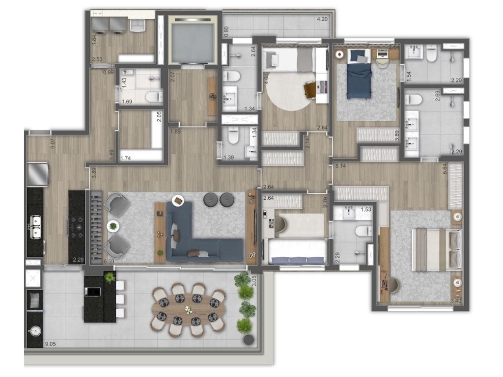 Planta cotada do Ateliê 365 Brooklin, 4 suítes, 194 m², Torre A