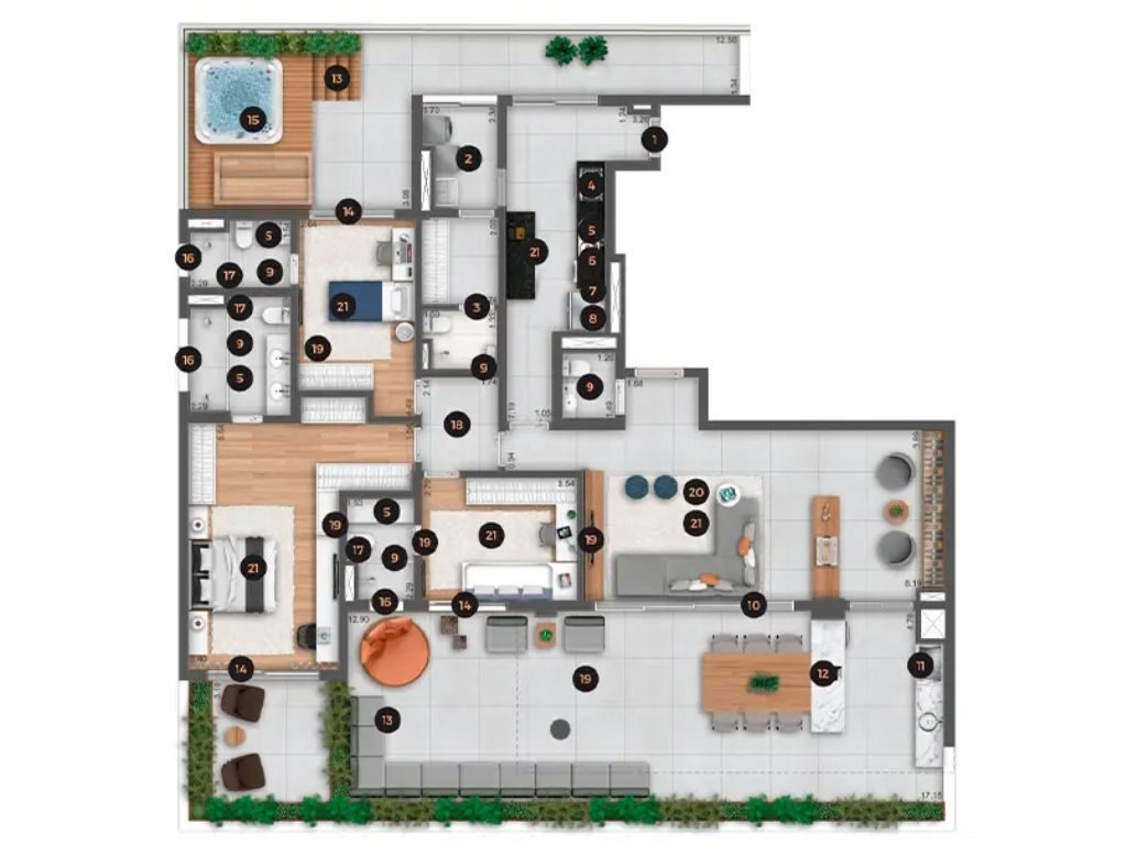 Planta cotada do Ateliê 365 Brooklin, Giardino, 3 suítes, 263 m², Torre A